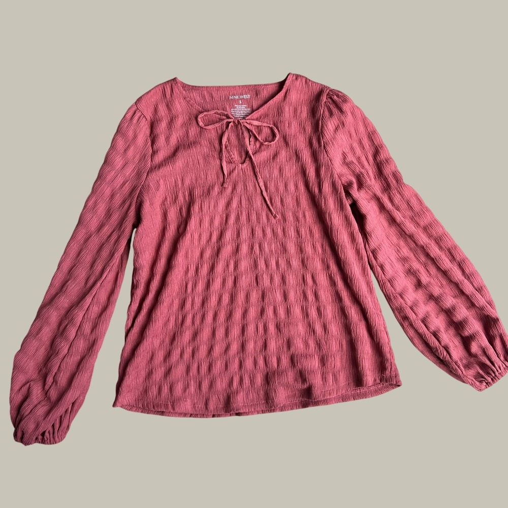 Nine West Blouse Womens S Mauve Tie Neck Textured Long Sleeve Puff Office Boho